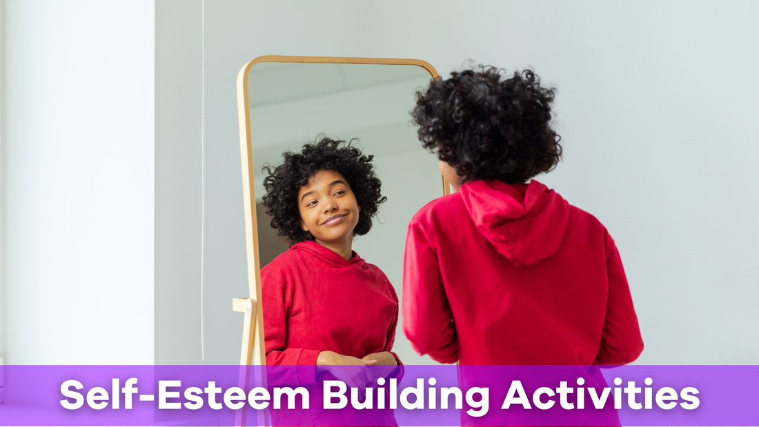 a woman in front of a mirror doing some self-esteem building activities